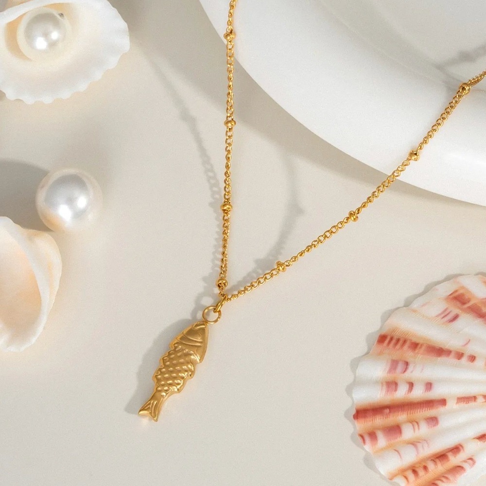 Gold Fish Pendant Necklace Stainless Steel Satellite Beaded Chain Nautical 16in
